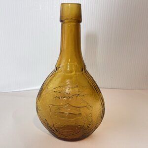 Wheaton Amber Glass Union Bottle Shield Dove Hands Clasped Vintage Collectable